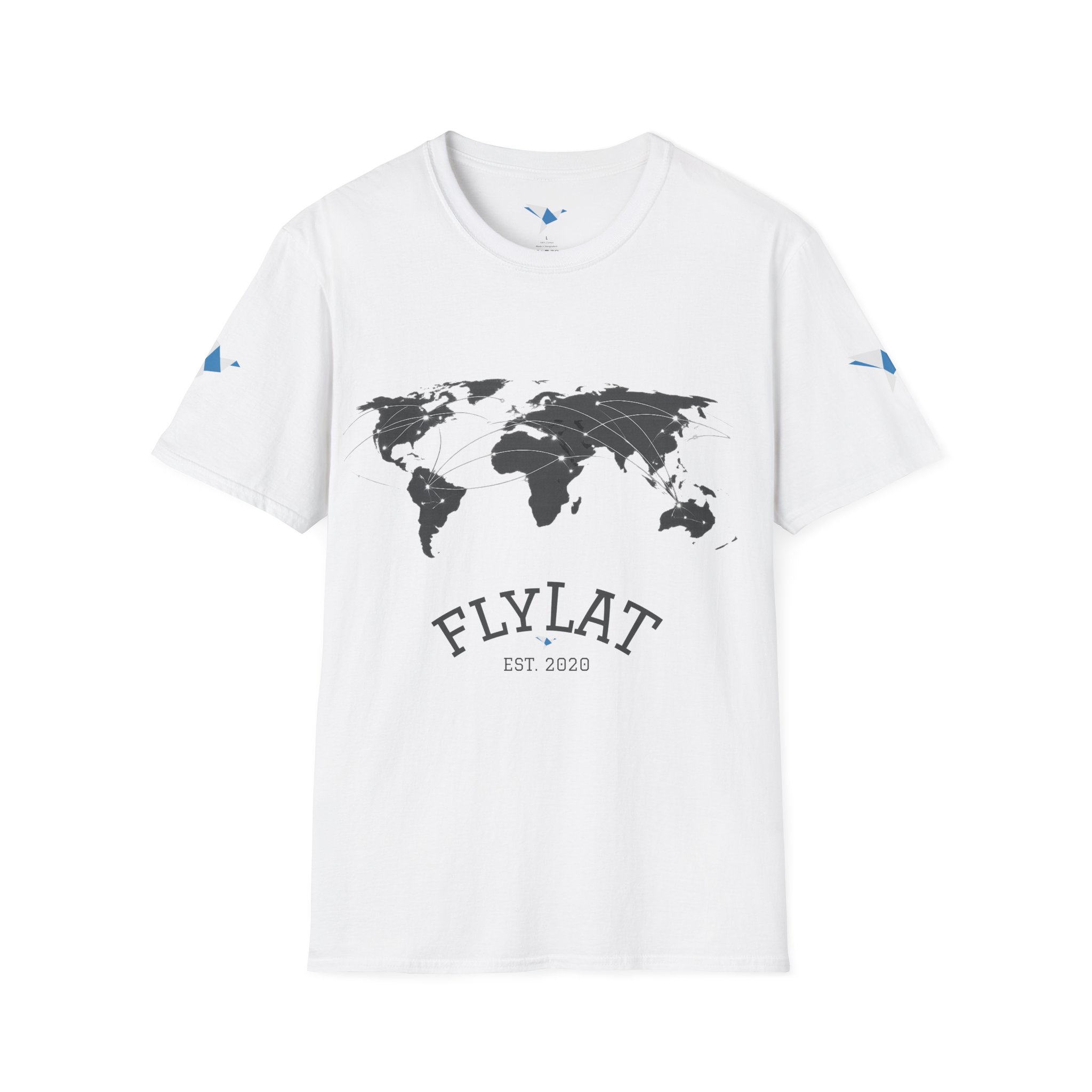 World Map 'FLYLAT' Travel T-Shirt — Est. 2020 Graphic Tee for Travelers